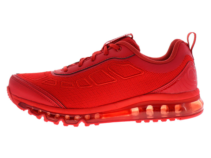 Tenis deportivos color rojo con suela de aire amortiguada y cuerpo de malla sintética.