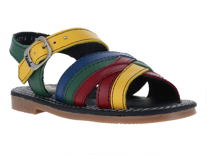 Sandalia infantil multicolor con correas cruzadas en azul, rojo y amarillo, y cierre de hebilla en color verde.
