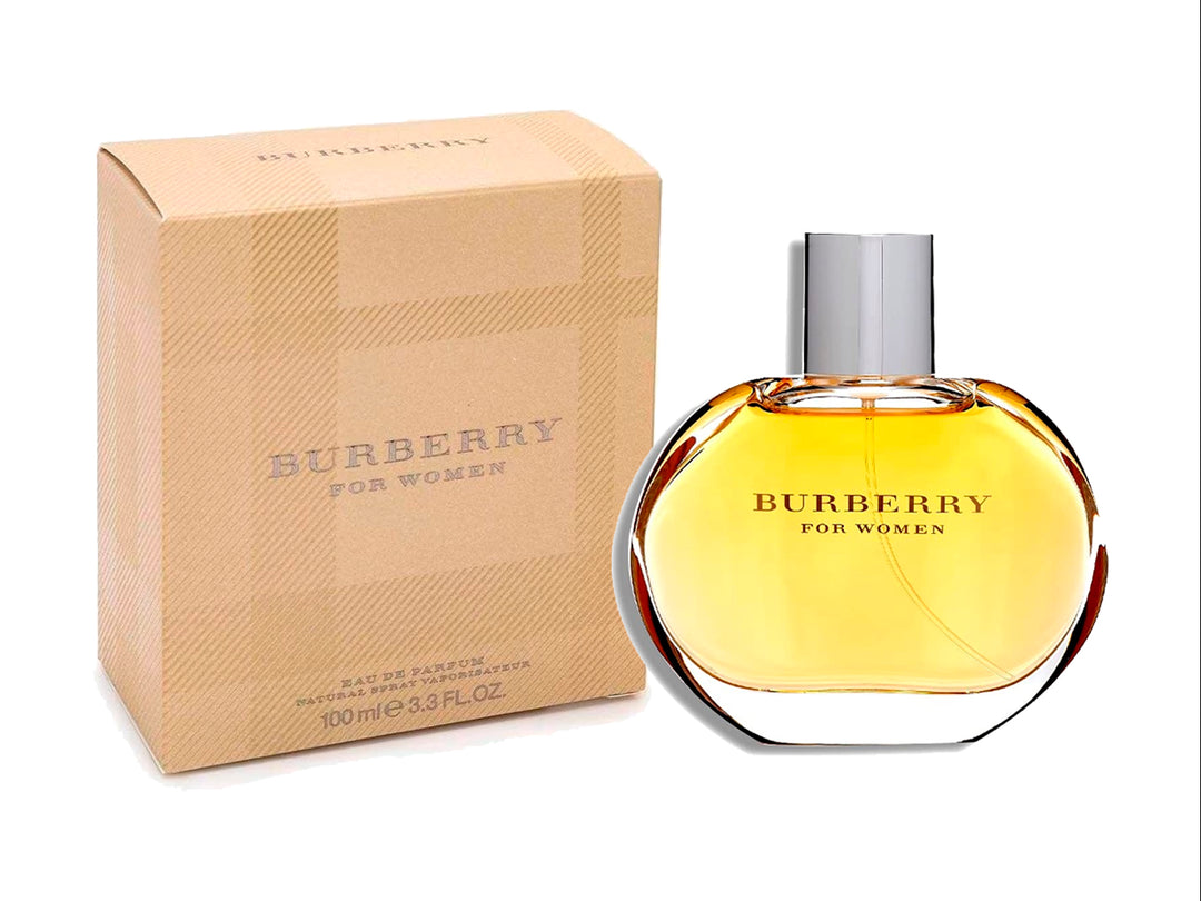 Perfume Burberry for Women de 100 ml en botella de vidrio ovalada con líquido dorado y su caja beige.