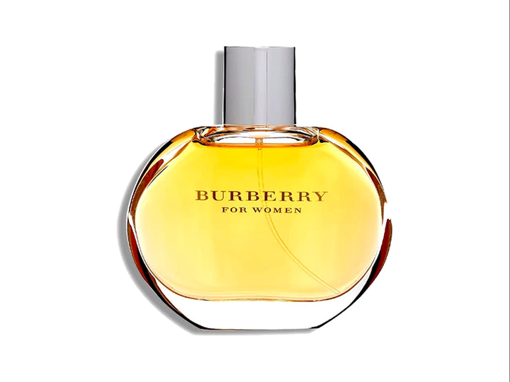 Perfume Burberry for Women de 100 ml en botella de vidrio ovalada con líquido dorado y su caja beige.