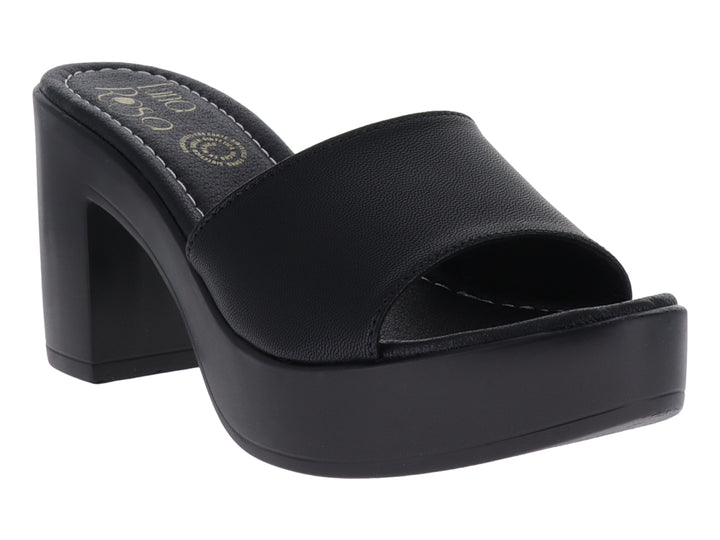 Sandalia de plataforma color negro con tacón grueso y banda frontal ancha para mujer.