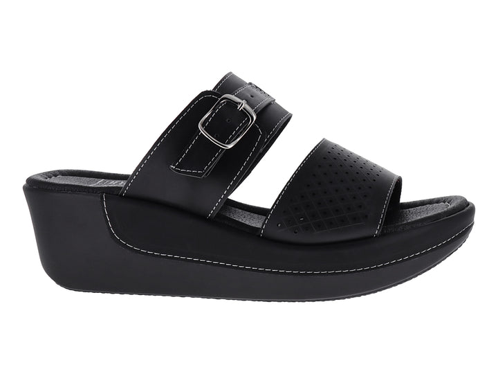 Sandalias negras de plataforma para mujer con correa ajustable y detalles perforados.