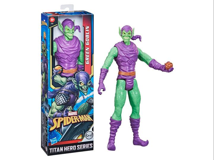 Figura de acción del Duende Verde de Marvel Titan Hero Series junto a su empaque original.