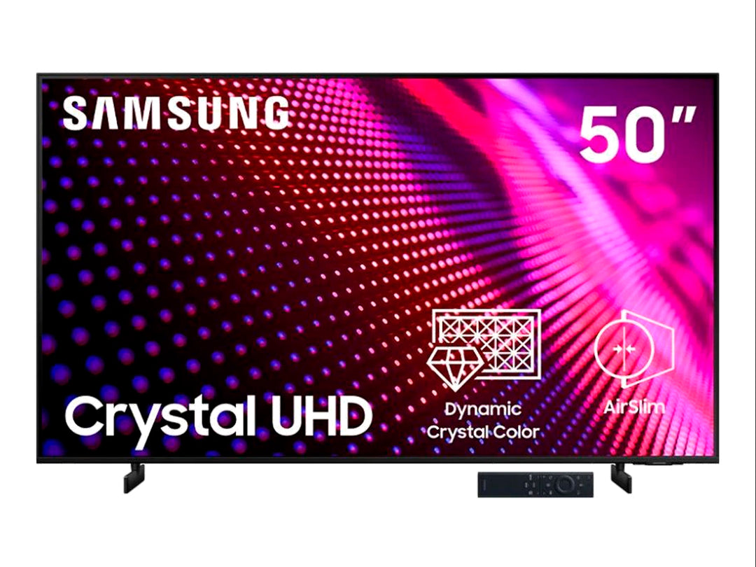 Televisor Samsung Smart TV UHD de 50 pulgadas en color negro con pantalla encendida mostrando colores vibrantes.