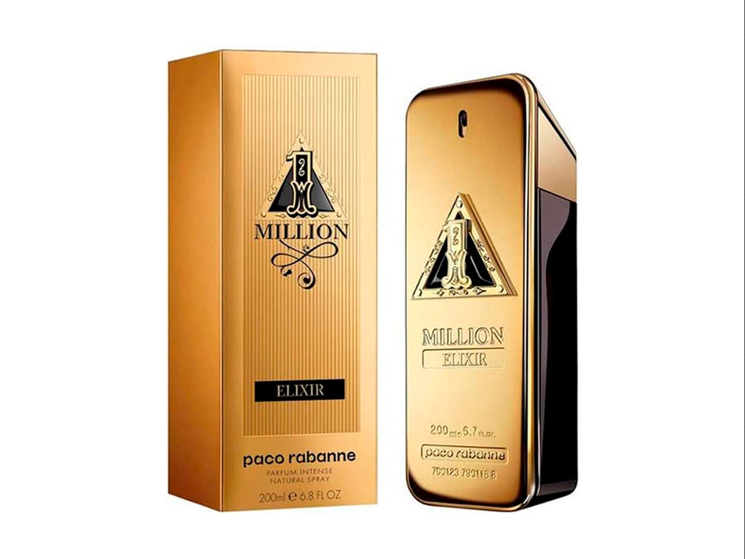 Perfume Paco Rabanne One Million Elixir en frasco y caja de color dorado brillante.