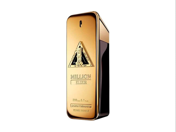 Perfume Paco Rabanne One Million Elixir en frasco y caja de color dorado brillante.