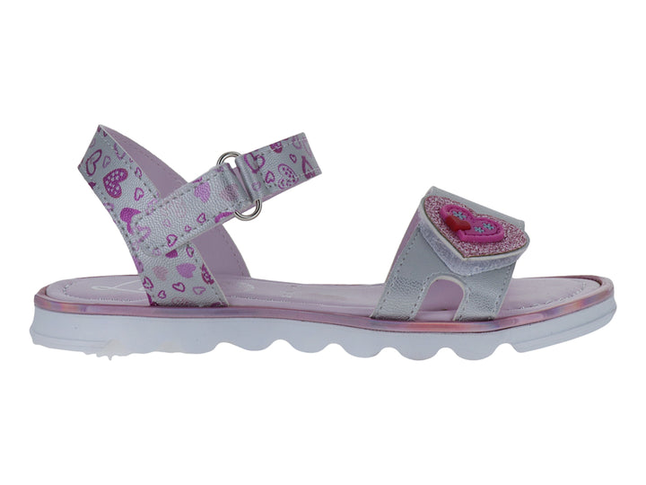 Sandalia para niña color lila con estampado de corazones rosas y suela blanca