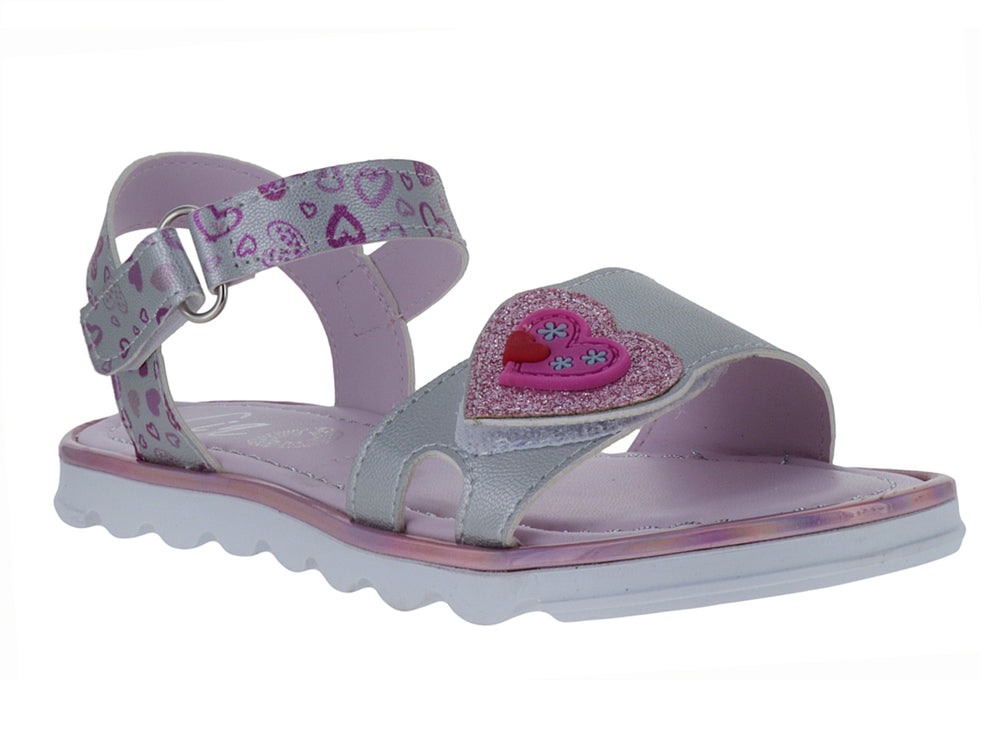 Sandalia para niña color lila con estampado de corazones rosas y suela blanca