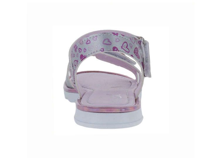 Sandalia para niña color lila con estampado de corazones rosas y suela blanca