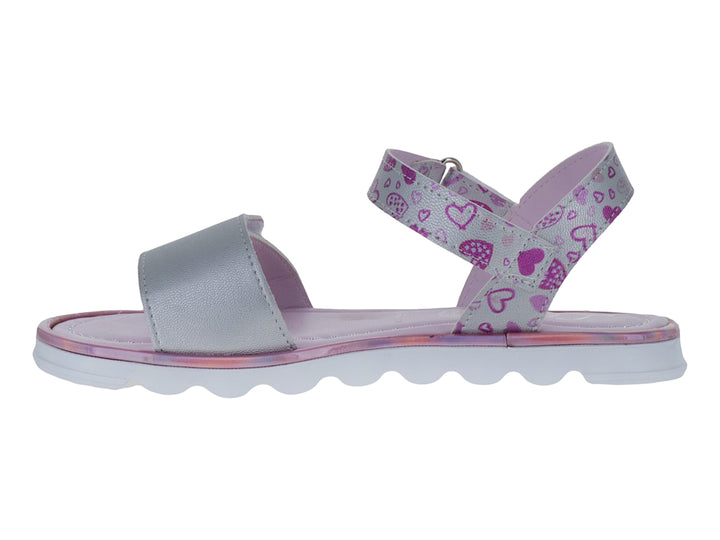 Sandalia para niña color lila con estampado de corazones rosas y suela blanca