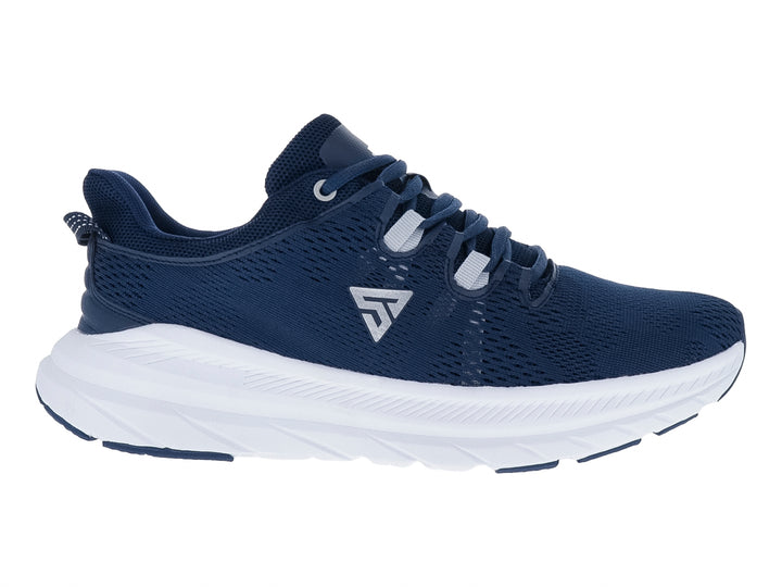 Tenis deportivos Justart color azul marino con suela blanca y malla transpirable.