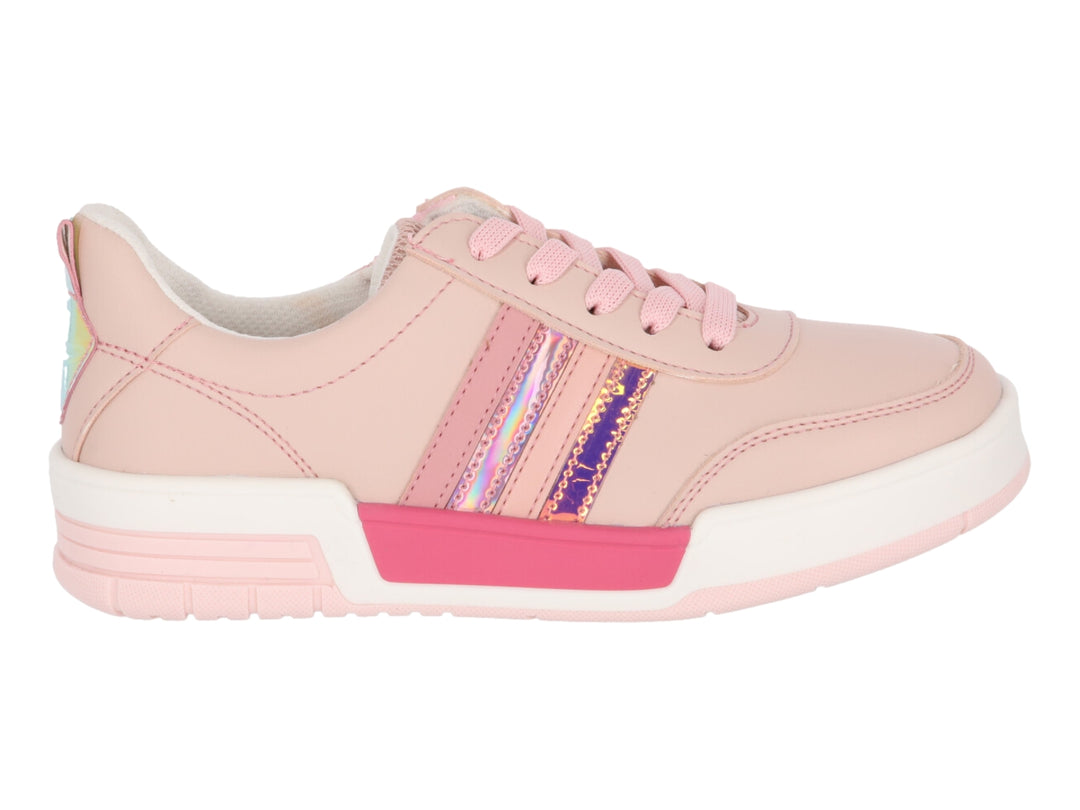 Tenis infantiles color rosa con rayas brillantes y suela blanca.