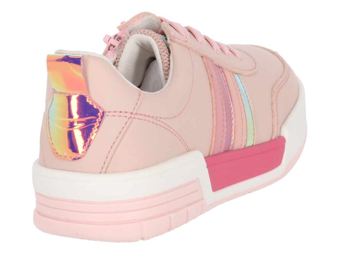 Tenis infantiles color rosa con rayas brillantes y suela blanca.