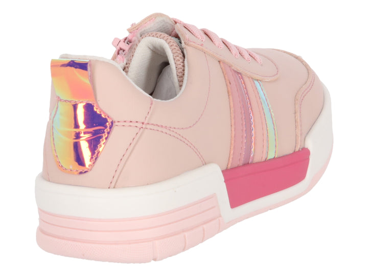 Tenis infantiles color rosa con rayas brillantes y suela blanca.