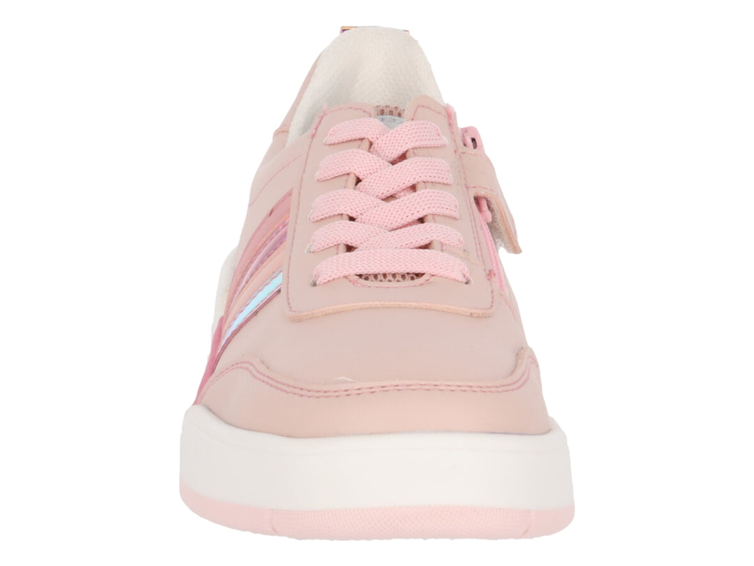 Tenis infantiles color rosa con rayas brillantes y suela blanca.