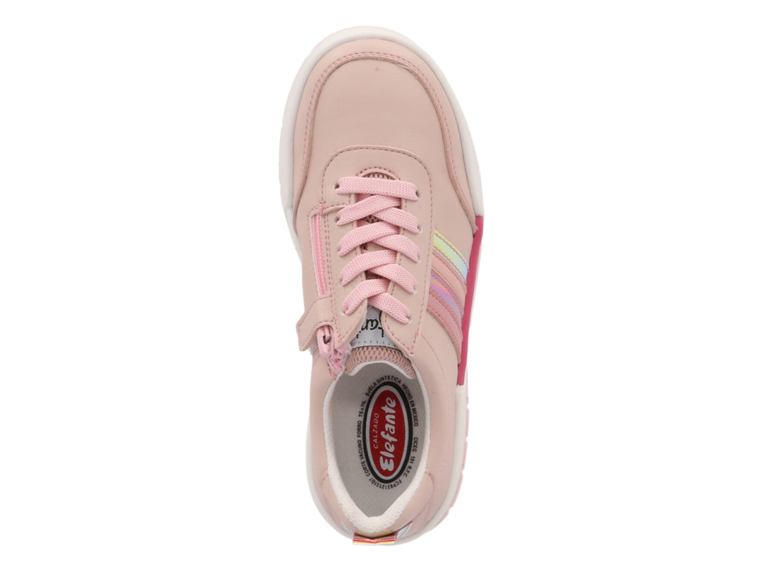 Tenis infantiles color rosa con rayas brillantes y suela blanca.