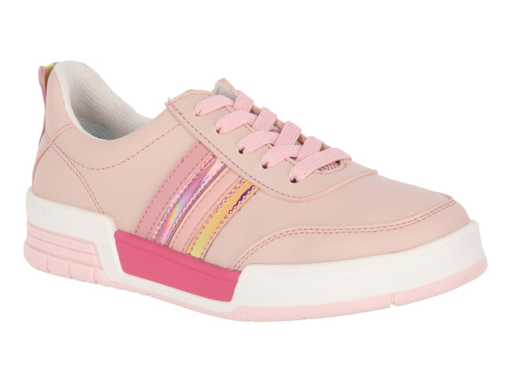 Tenis deportivos color rosa frappe con detalles iridiscentes y suela blanca para niña.