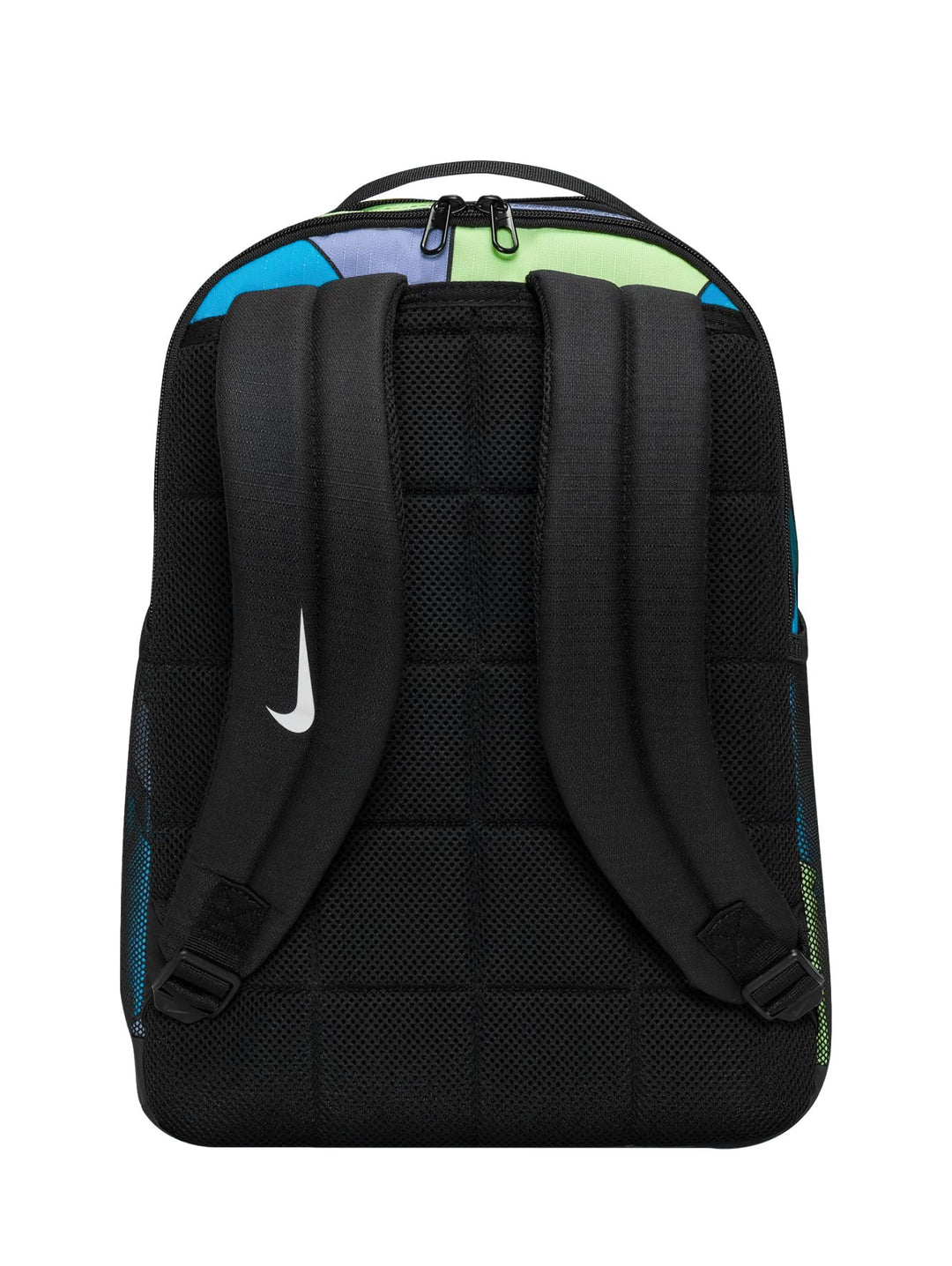 Mochila Nike con estampado multicolor en tonos azul y verde, base negra y logotipo blanco.
