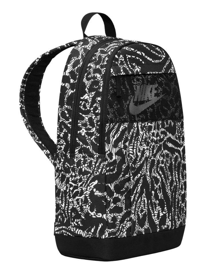 Mochila Nike con estampado de cebra en colores blanco y negro, con un bolsillo frontal de malla negra.