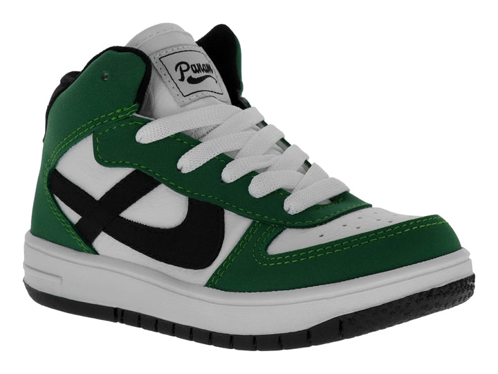 Tenis infantiles marca Panam en colores blanco y verde con detalles en negro y suela blanca.
