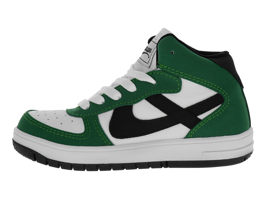 Tenis infantiles marca Panam en colores blanco y verde con detalles en negro y suela blanca.