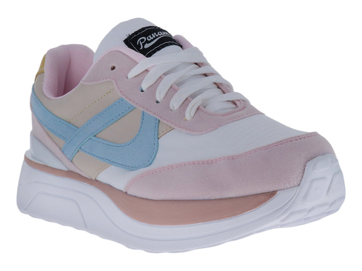 Tenis deportivos marca Panam en colores rosa, blanco y azul claro con suela blanca gruesa.