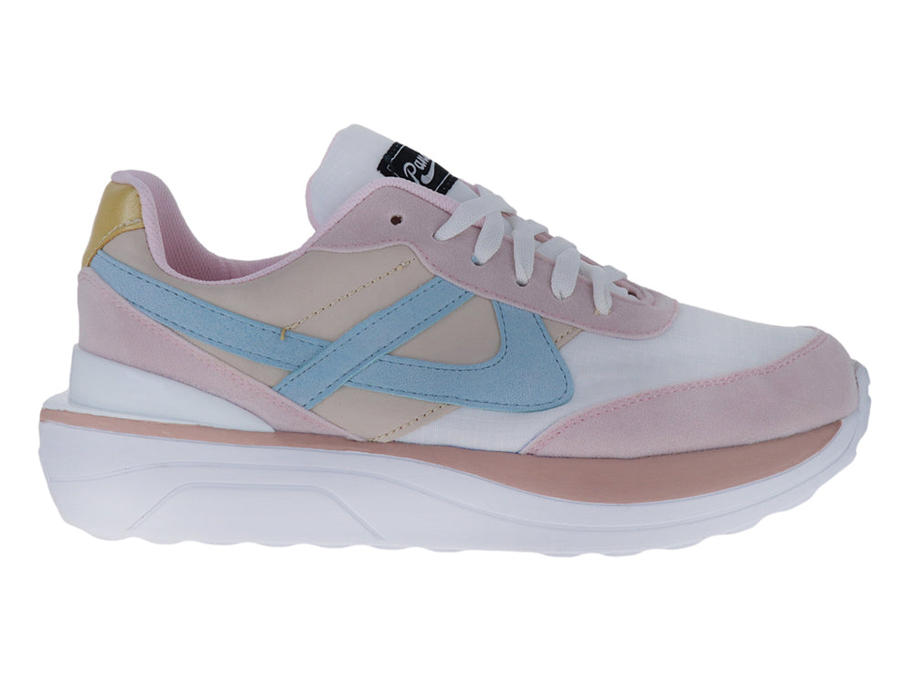 Tenis deportivos marca Panam en colores rosa, blanco y azul claro con suela blanca gruesa.