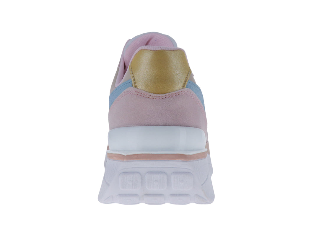 Tenis deportivos marca Panam en colores rosa, blanco y azul claro con suela blanca gruesa.