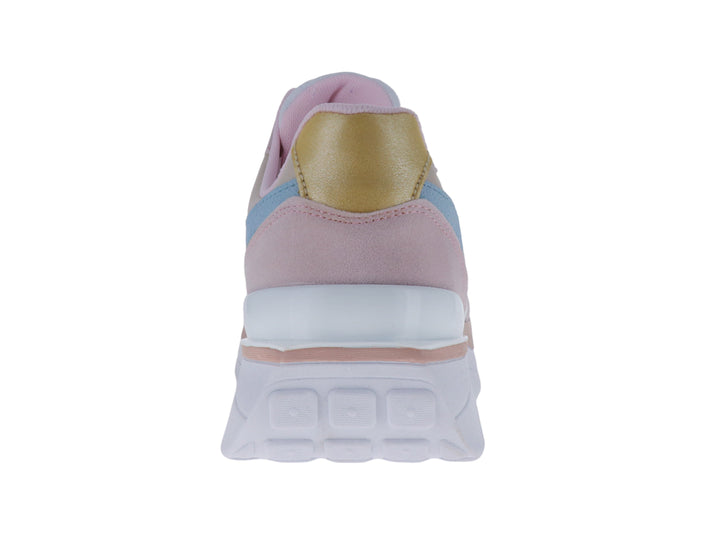 Tenis deportivos marca Panam en colores rosa, blanco y azul claro con suela blanca gruesa.