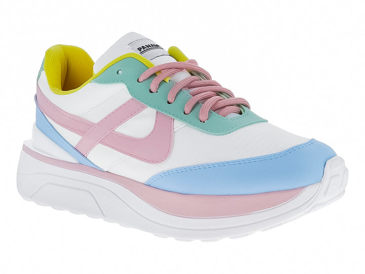 Tenis PANAM en color blanco con detalles en celeste, rosa y verde menta, con suela blanca gruesa.