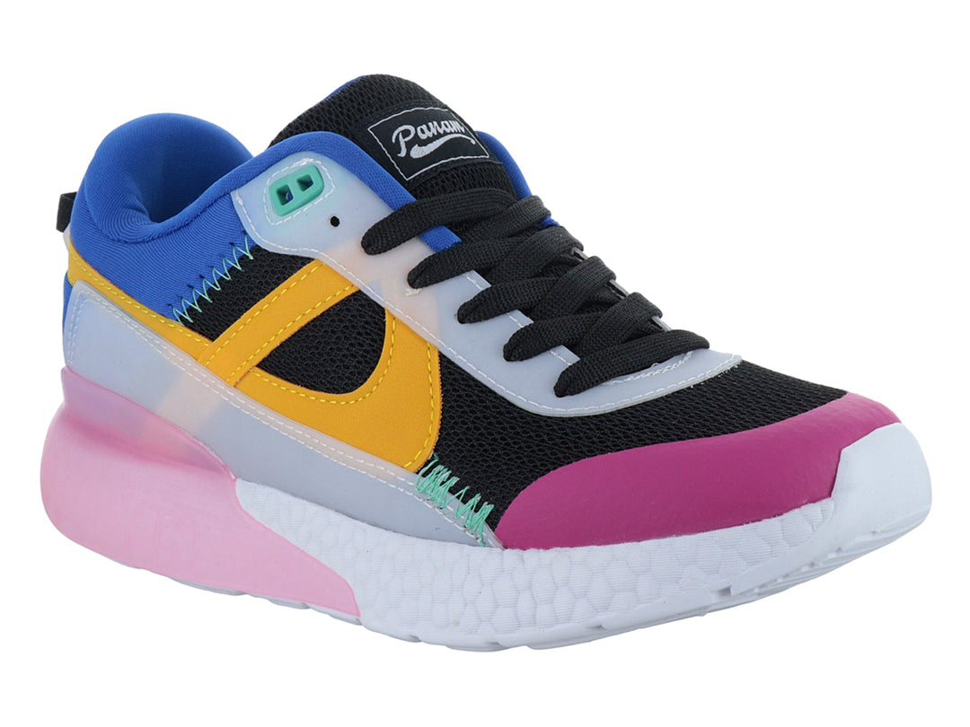 Tenis deportivos marca Panam en colores negro, fucsia, azul y amarillo con suela blanca texturizada.