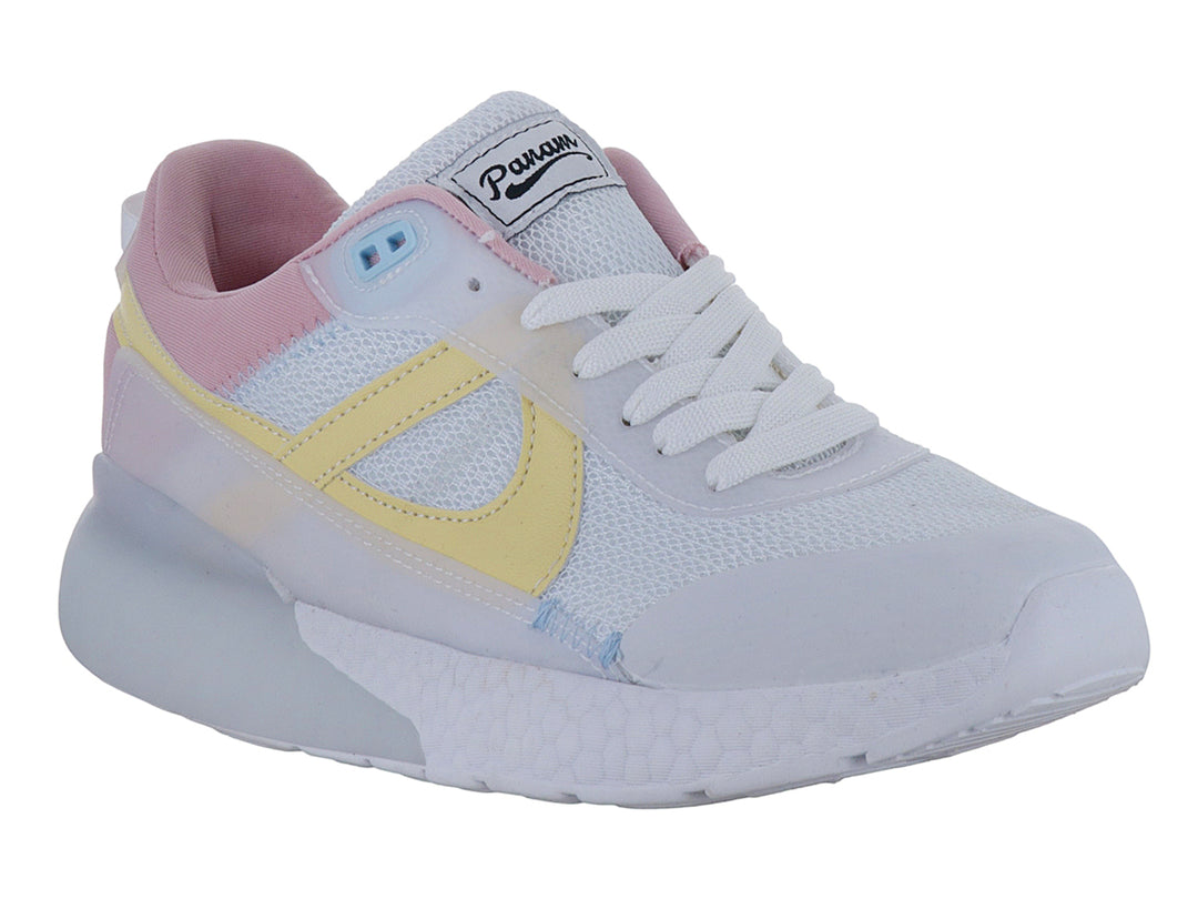 Tenis deportivos Panam color blanco con detalles en amarillo, rosa y azul claro.