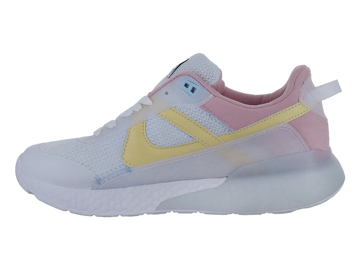 Tenis deportivos Panam color blanco con detalles en amarillo, rosa y azul claro.