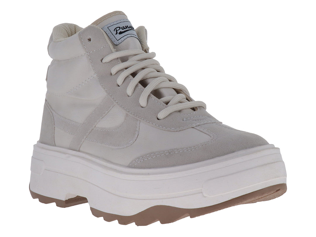 Tenis marca PANAM color ostión con suela de plataforma gruesa y diseño casual.