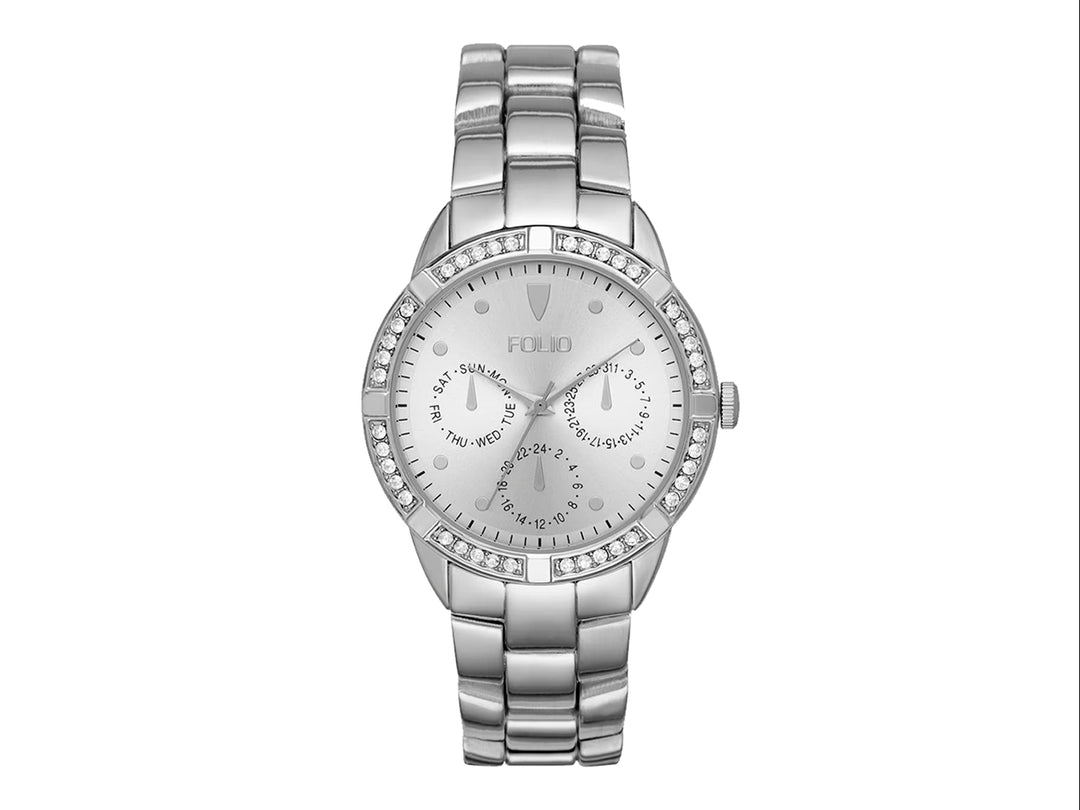 Reloj de pulsera Folio para mujer en color plata con bisel adornado con cristales y extensible metálico.