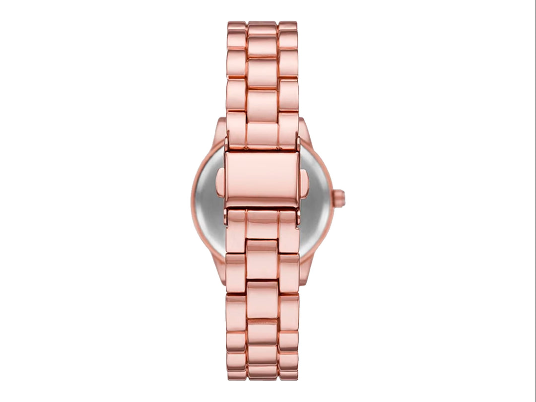 Set de 5 piezas para mujer en color oro rosa que incluye un reloj y cuatro pulseras decoradas con cristales.