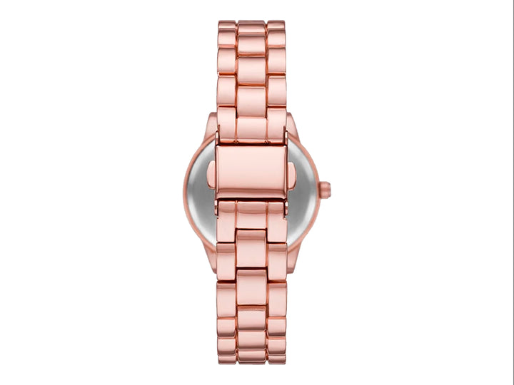 Set de 5 piezas para mujer en color oro rosa que incluye un reloj y cuatro pulseras decoradas con cristales.