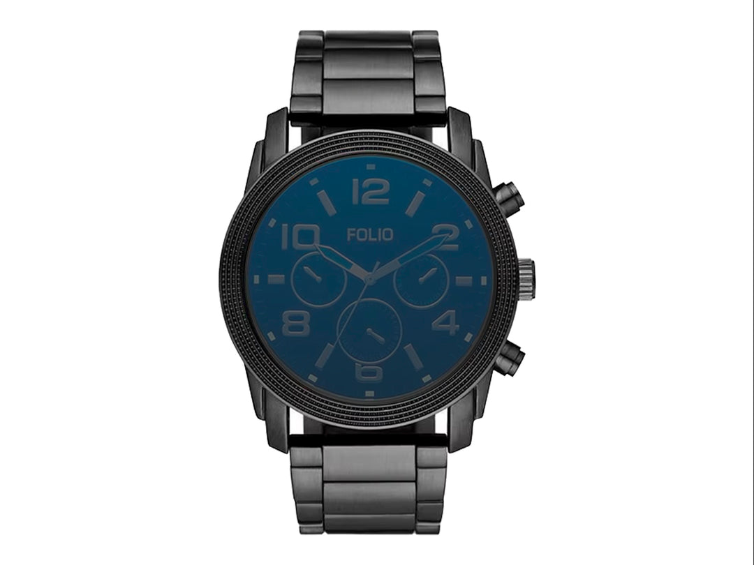 Set de 3 piezas para hombre que incluye un reloj negro, una pulsera de cuero negra y un llavero azul.