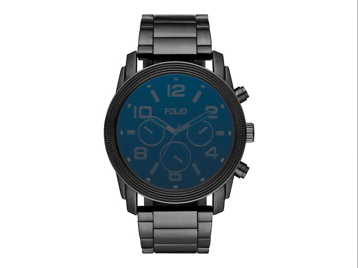 Set de 3 piezas para hombre que incluye un reloj negro, una pulsera de cuero negra y un llavero azul.