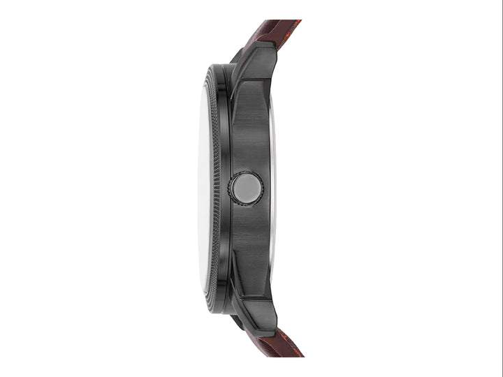 Set de 5 piezas para hombre que incluye un reloj color café con correa de piel y cuatro pulseras coordinadas.