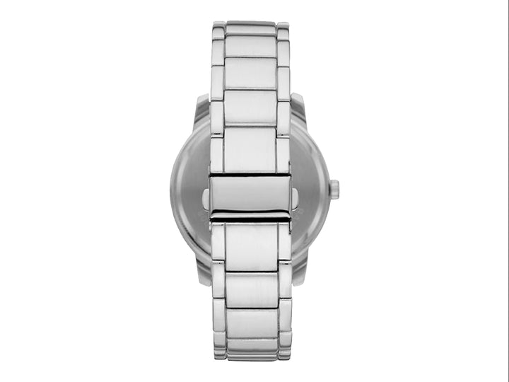 Set de 5 piezas para Hombre que incluye un reloj plateado con esfera negra y cuatro pulseras a juego.