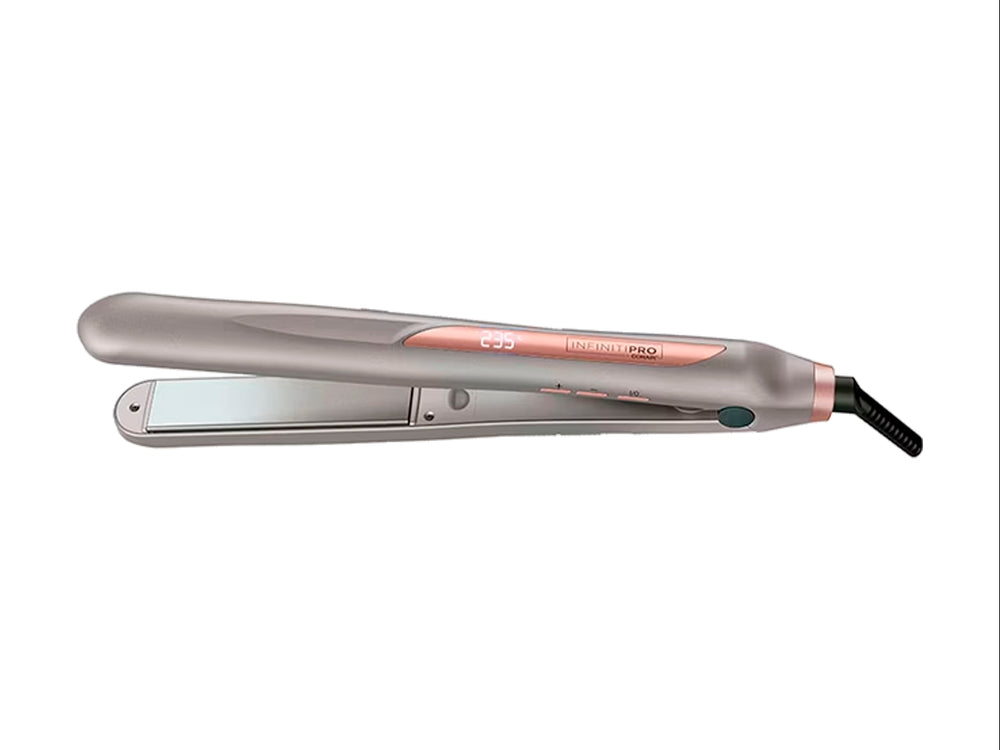 Alaciadora Conair de 1 pulgada en color durazno con placas cerámicas y acabado brillante.
