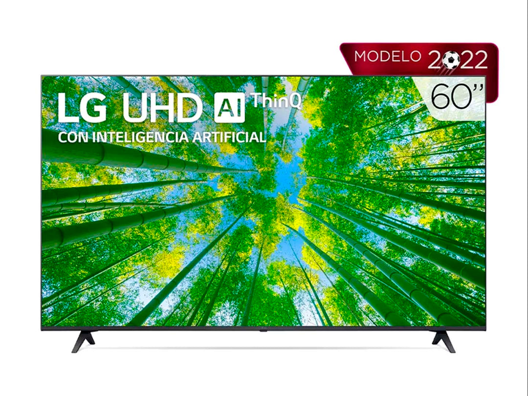 Televisor LG Smart TV 4K de 60 pulgadas en color negro con pantalla encendida mostrando un bosque de bambú.