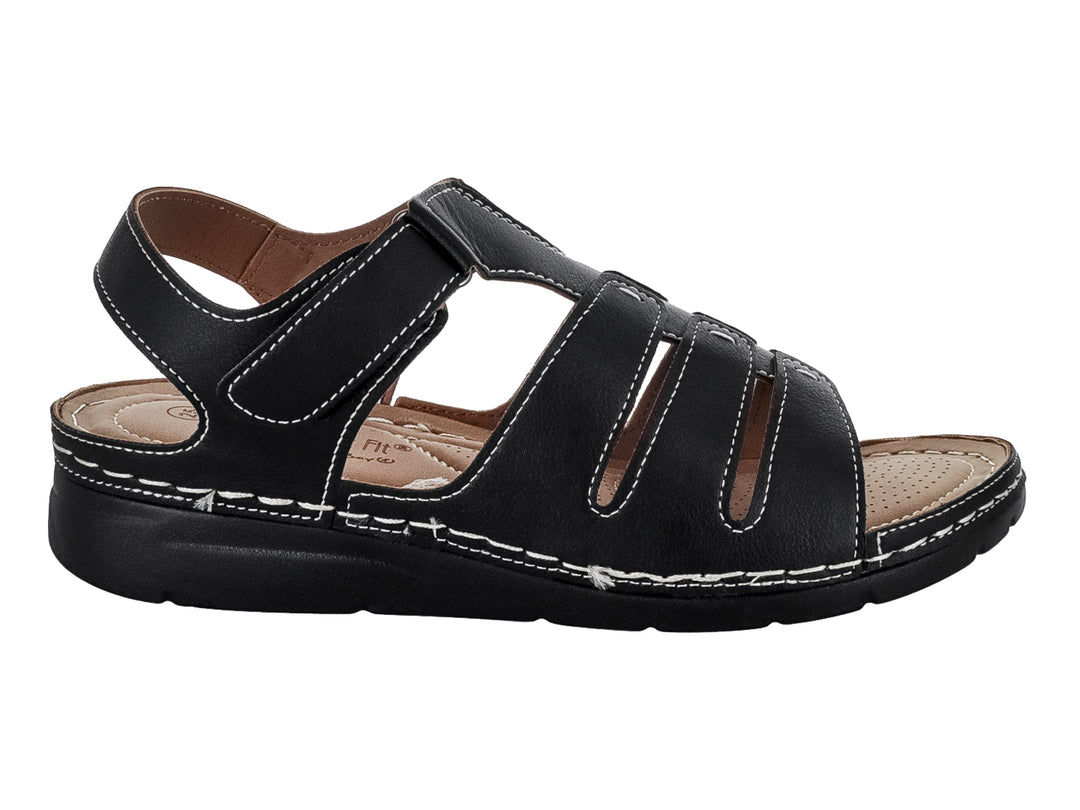 Sandalia negra Comfort Fit con costuras blancas y correa ajustable.