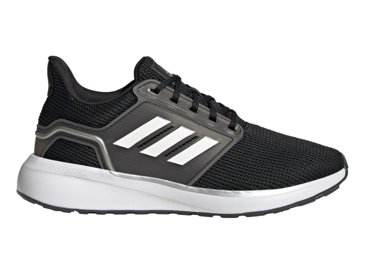 Tenis deportivos Adidas color negro con tres franjas blancas y suela blanca.