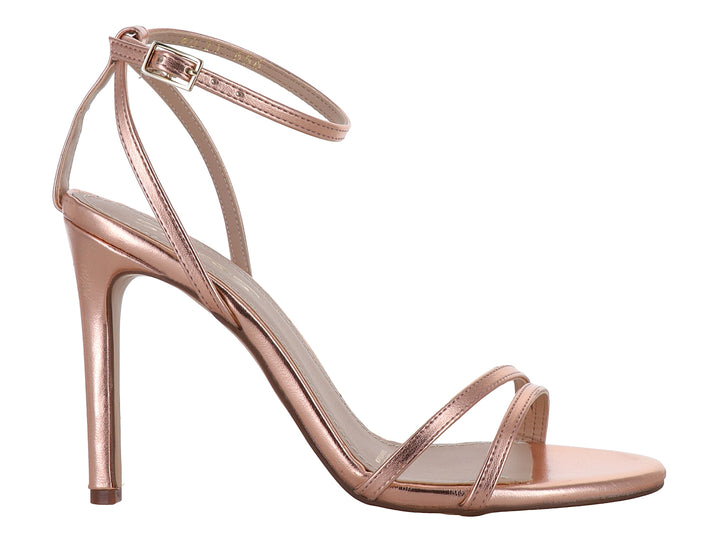 Sandalia elegante para mujer en color mandarina metálico con tacón alto y correa ajustable al tobillo.