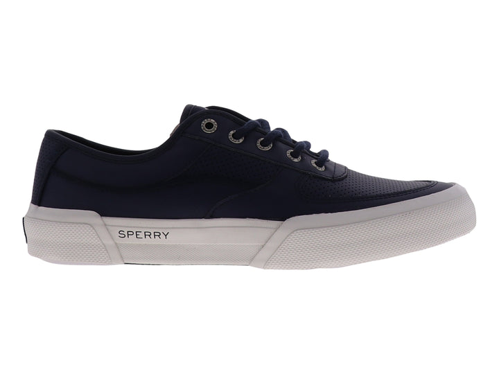 Zapatilla Sperry de color azul marino con suela blanca y cordones, estilo casual y deportivo.