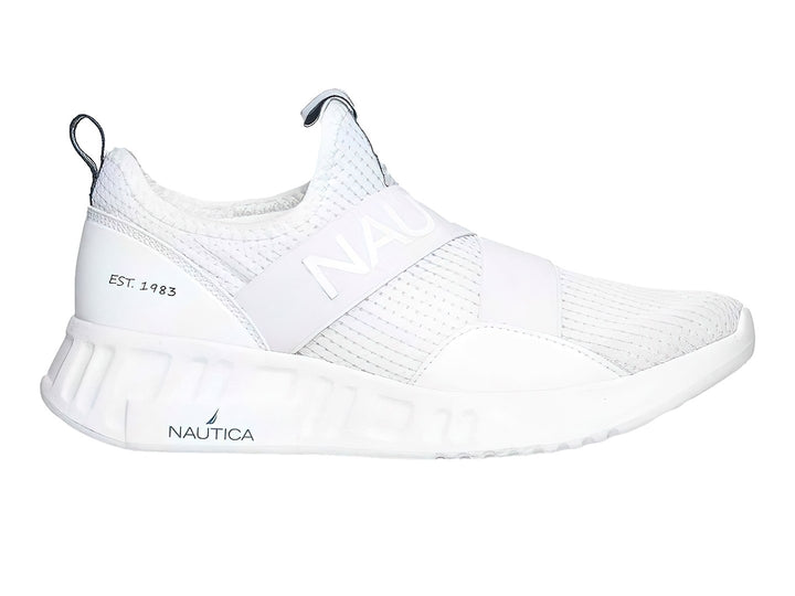 Tenis deportivos blancos Nautica Butler JR estilo slip-on con banda elástica y suela gruesa.