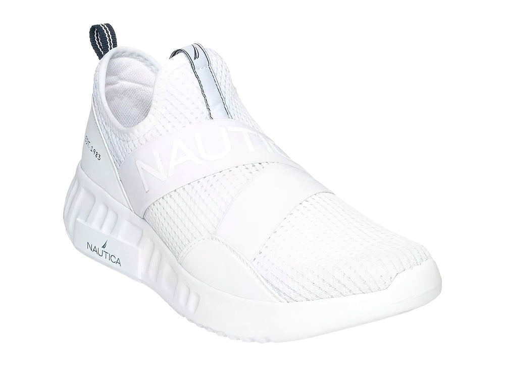 Tenis deportivos blancos Nautica Butler JR estilo slip-on con banda elástica y suela gruesa.