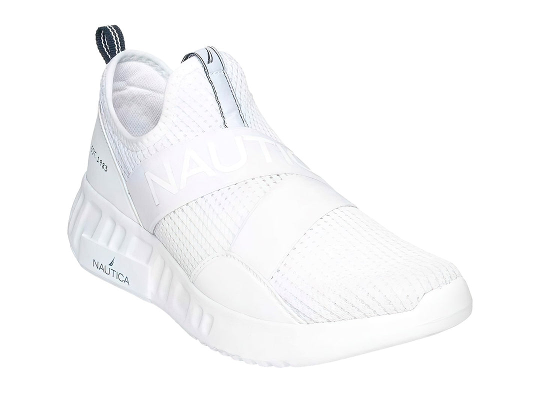 Tenis deportivos blancos Nautica Butler JR estilo slip-on con banda elástica y suela gruesa.